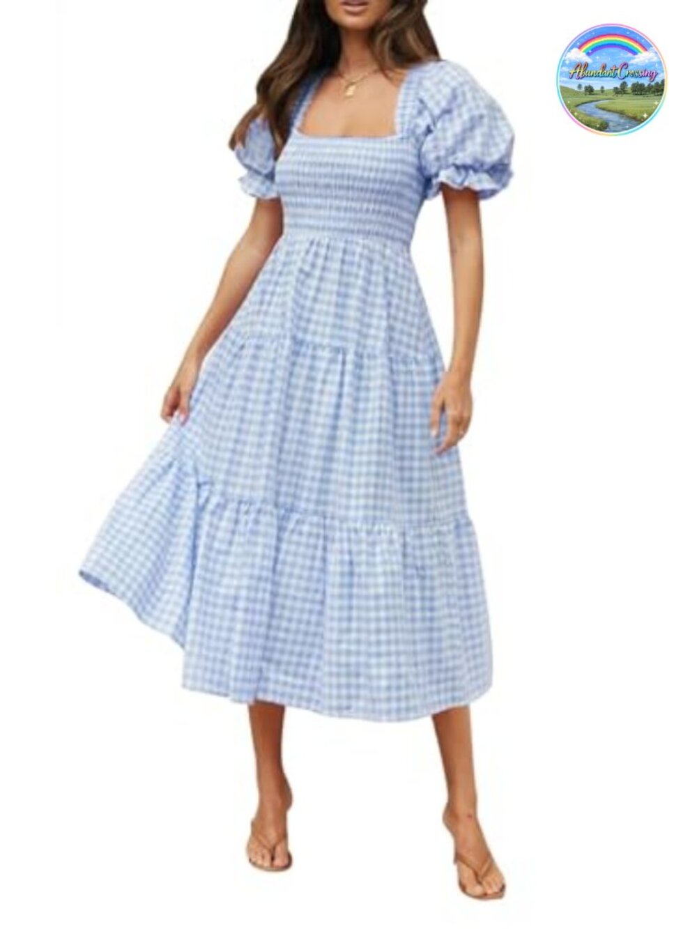 Boho Gingham Puff Sleeve Square Neck Midi Dress